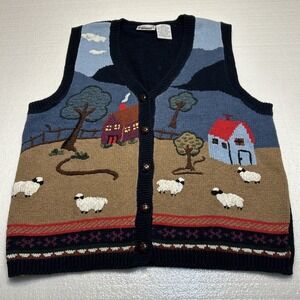 Vintage Capacity Sweater Vest Women's Large Farmhouse Sheep Cottage Grandmacore